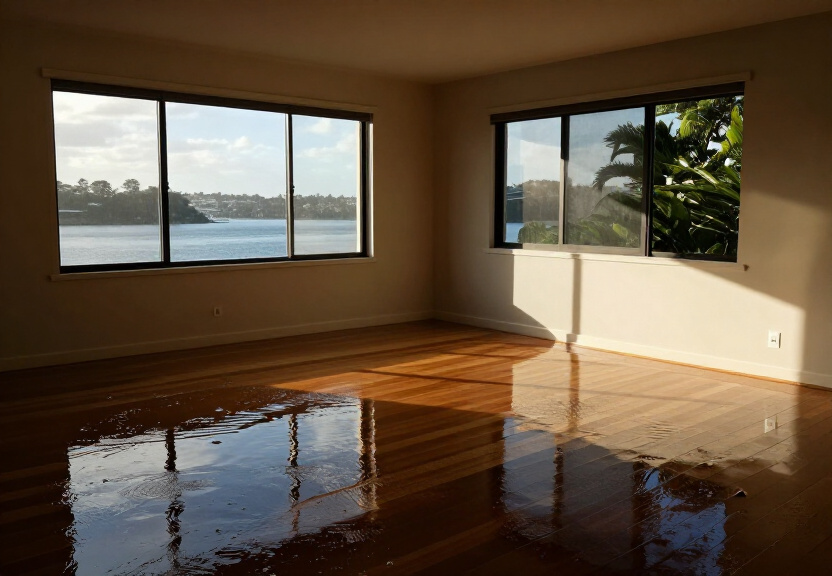 Flooded living room in Winston Hills before restoration